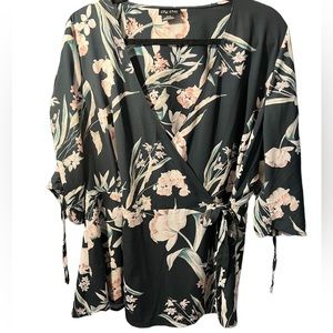 City Chic Green Floral Wrap Tie Front and Tie Sleeve Tunic Blouse